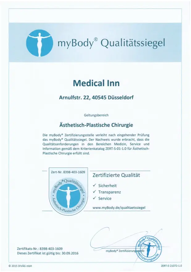 myBody Qualitätssiegel-Zertifikat für Medical Inn, Ästhetisch-Plastische Chirurgie Düsseldorf