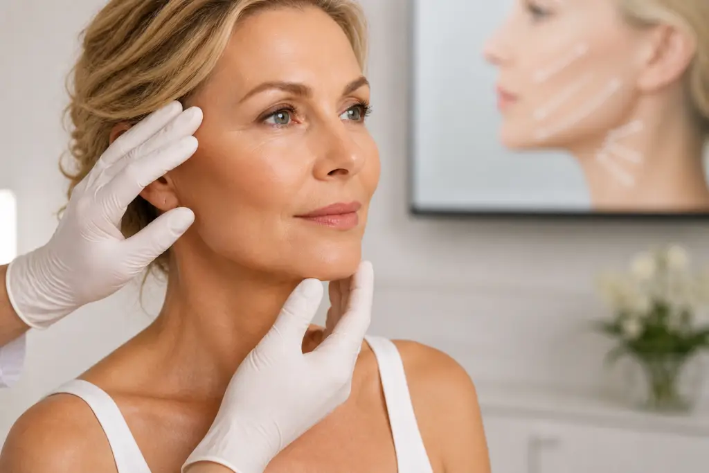 Ärztliche Untersuchung des Gesichts einer reiferen Frau mit behandschuhten Händen vor einem Facelift